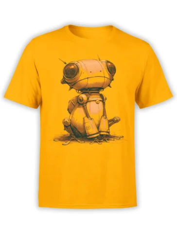 Front view of yellow unisex t-shirt with cute sketch-style robot sitting quietly with big round eyes and retro sci fi vibe
