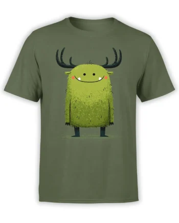 olive green unisex t-shirt featuring a cute green fuzzy monster with big antlers, fangs, and a happy smile standing upright