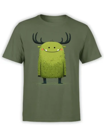 olive green unisex t-shirt featuring a cute green fuzzy monster with big antlers, fangs, and a happy smile standing upright
