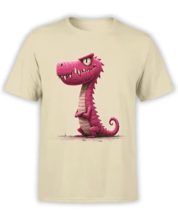 Beige unisex t-shirt with a bold pink cartoon dinosaur standing with crossed arms and a smug look