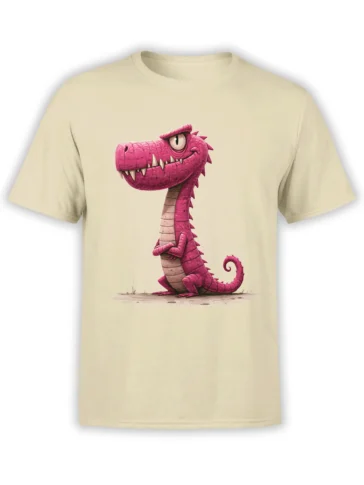 Beige unisex t-shirt with a bold pink cartoon dinosaur standing with crossed arms and a smug look