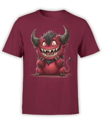 Front view of red unisex t-shirt featuring a chubby red horned monster with huge grin and claws in a playful cartoon style
