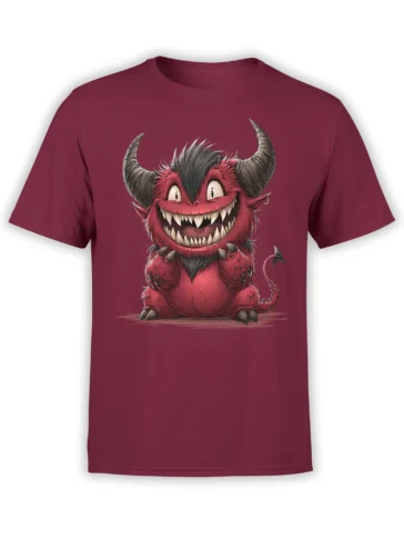 Front view of red unisex t-shirt featuring a chubby red horned monster with huge grin and claws in a playful cartoon style