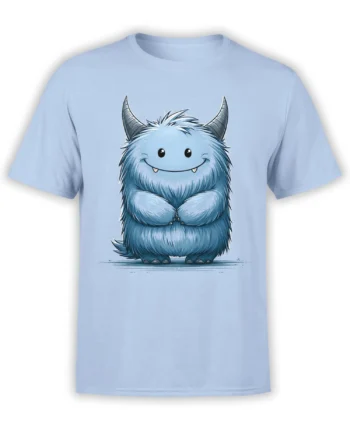 light blue unisex t-shirt with cute blue fluffy horned monster graphic standing centered with tiny fangs and a friendly smile