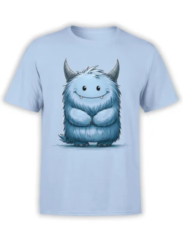 light blue unisex t-shirt with cute blue fluffy horned monster graphic standing centered with tiny fangs and a friendly smile