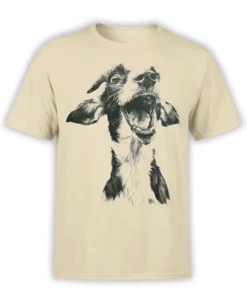 Beige unisex t-shirt with a bold monochrome sketch of an ecstatic goat head, mouth wide open and ears out for a loud, playful look