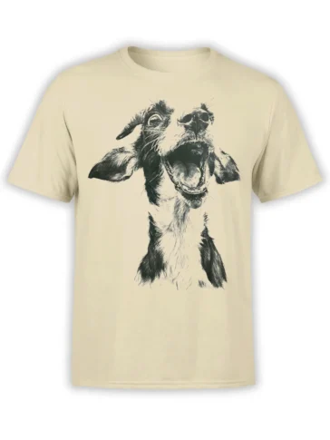 Beige unisex t-shirt with a bold monochrome sketch of an ecstatic goat head, mouth wide open and ears out for a loud, playful look