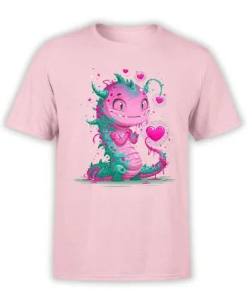 light pink unisex t-shirt with a cute pink and teal baby dragon dripping neon hearts in a bright fantasy style