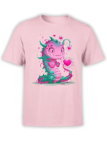 light pink unisex t-shirt with a cute pink and teal baby dragon dripping neon hearts in a bright fantasy style