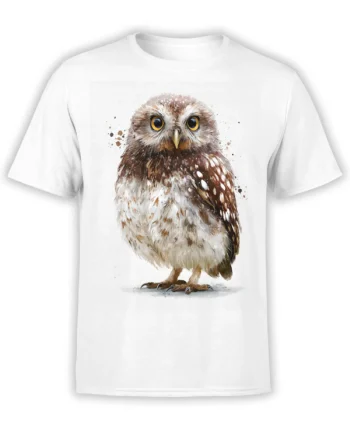 white unisex t-shirt with a watercolor brown and white owl graphic featuring big golden eyes and paint splatter accents