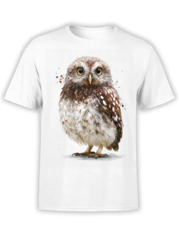 white unisex t-shirt with a watercolor brown and white owl graphic featuring big golden eyes and paint splatter accents