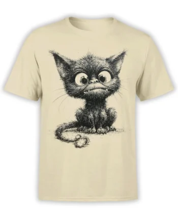 Beige unisex t-shirt with a large hand-drawn sketch of a wide-eyed scruffy cat sitting with its tail curled