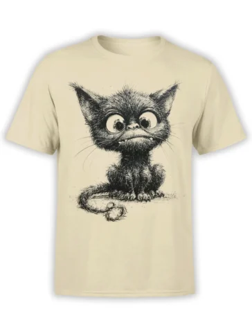 Beige unisex t-shirt with a large hand-drawn sketch of a wide-eyed scruffy cat sitting with its tail curled