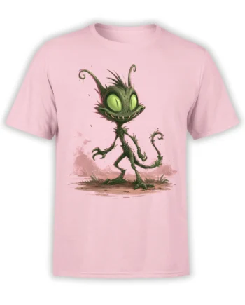 pink unisex t-shirt with cute creepy green alien gremlin illustration and big glowing eyes on the chest