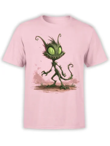 pink unisex t-shirt with cute creepy green alien gremlin illustration and big glowing eyes on the chest