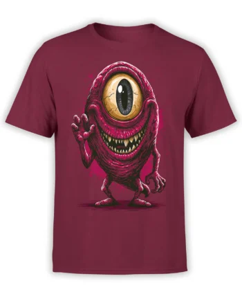 red unisex cotton t-shirt with a large pink one-eyed monster graphic waving and grinning with sharp teeth