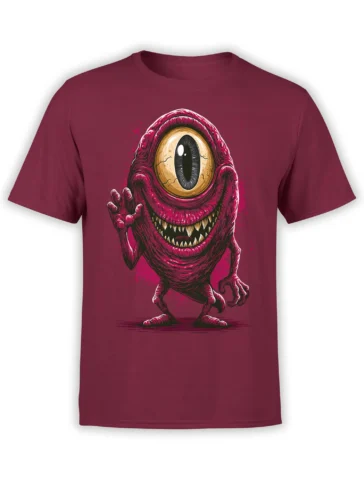 red unisex cotton t-shirt with a large pink one-eyed monster graphic waving and grinning with sharp teeth