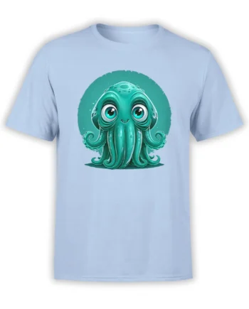 Light blue unisex t-shirt with a cute teal octopus graphic featuring big eyes and tentacles in a circular ocean backdrop
