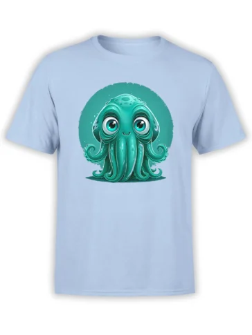 Light blue unisex t-shirt with a cute teal octopus graphic featuring big eyes and tentacles in a circular ocean backdrop