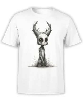 White unisex t-shirt featuring a hand-drawn horned monster with huge eyes sitting in grass in a creepy-cute sketch style