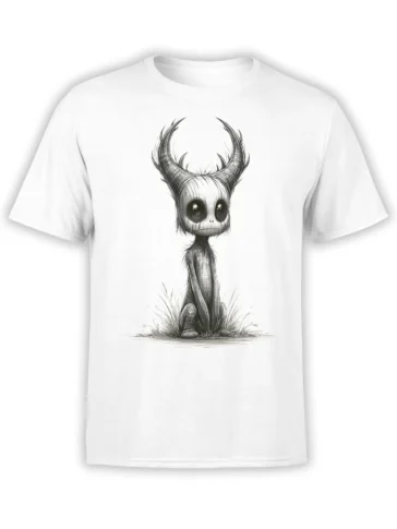 White unisex t-shirt featuring a hand-drawn horned monster with huge eyes sitting in grass in a creepy-cute sketch style