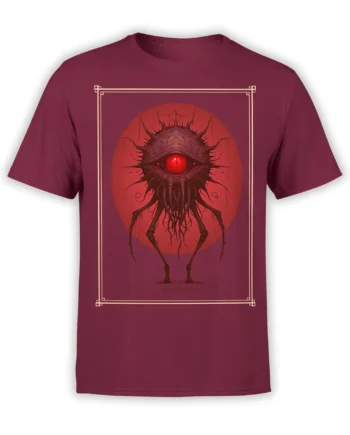 front view of red unisex t-shirt with eldritch one-eyed alien monster and tentacles on red circle background