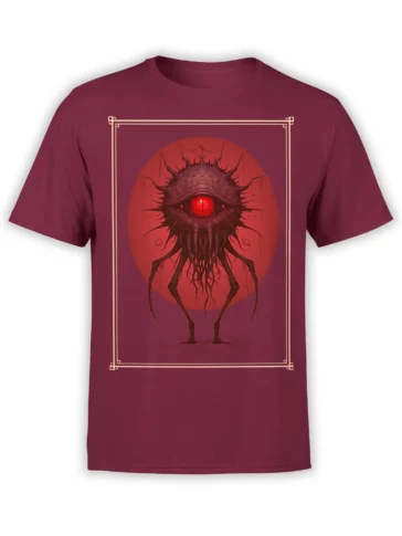 front view of red unisex t-shirt with eldritch one-eyed alien monster and tentacles on red circle background