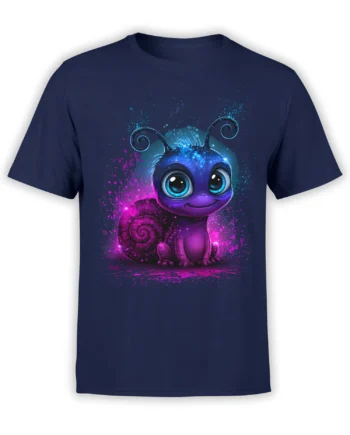 Front view of navy t-shirt with cute neon cosmic snail graphic in purple and blue galaxy colors