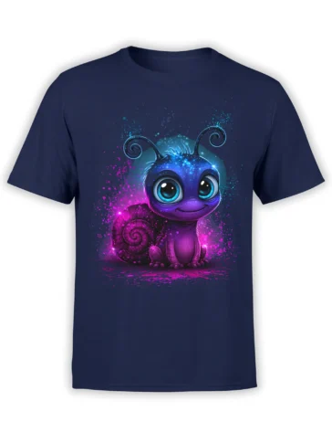 Front view of navy t-shirt with cute neon cosmic snail graphic in purple and blue galaxy colors