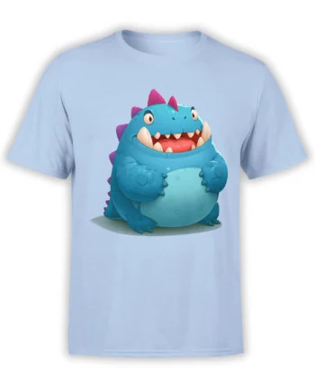 Light blue unisex t-shirt with a cute chubby blue cartoon dinosaur with pink spikes and a big smile printed on the front