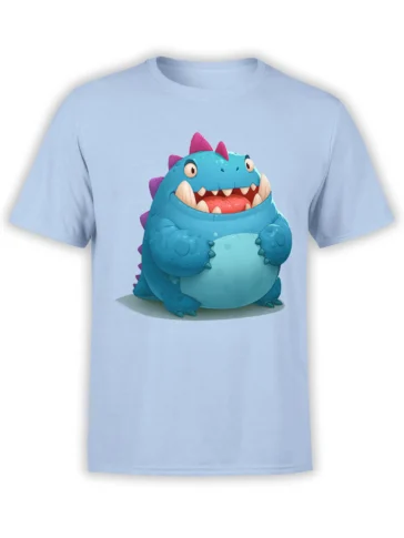 Light blue unisex t-shirt with a cute chubby blue cartoon dinosaur with pink spikes and a big smile printed on the front