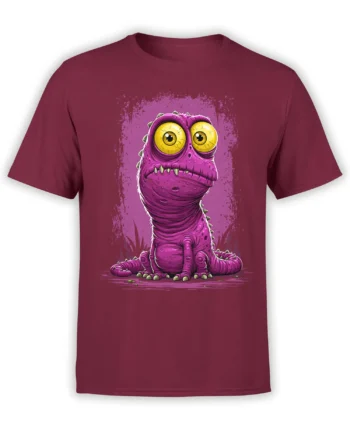 maroon unisex t-shirt with a cute purple dinosaur and big yellow eyes printed on the front in bold cartoon style