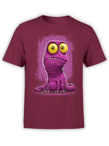 maroon unisex t-shirt with a cute purple dinosaur and big yellow eyes printed on the front in bold cartoon style