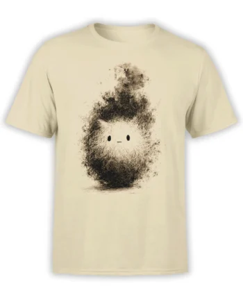Beige unisex T-shirt with a cute soot puff cat illustration made of fluffy sketch lines and rising smoky texture