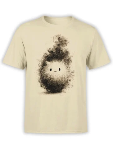 Beige unisex T-shirt with a cute soot puff cat illustration made of fluffy sketch lines and rising smoky texture