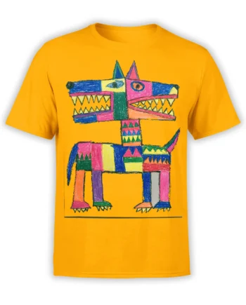 Front view of yellow unisex t-shirt with colorful crayon-style patchwork dog design across the chest