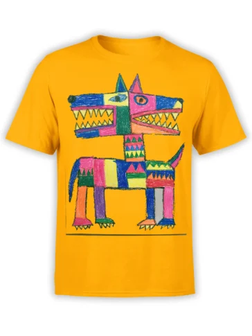 Front view of yellow unisex t-shirt with colorful crayon-style patchwork dog design across the chest