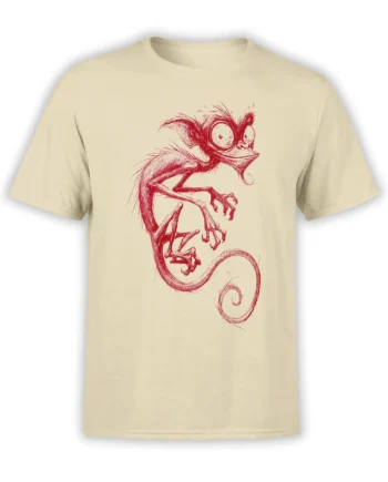 Beige unisex t-shirt with a red sketch of a wild bug-eyed monkey creature and long curled tail on the front