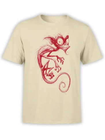 Beige unisex t-shirt with a red sketch of a wild bug-eyed monkey creature and long curled tail on the front