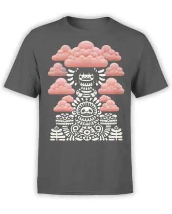Gray unisex t-shirt featuring a white skull totem with geometric details under rows of soft pink clouds in a surreal style