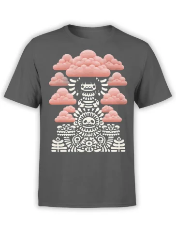 Gray unisex t-shirt featuring a white skull totem with geometric details under rows of soft pink clouds in a surreal style