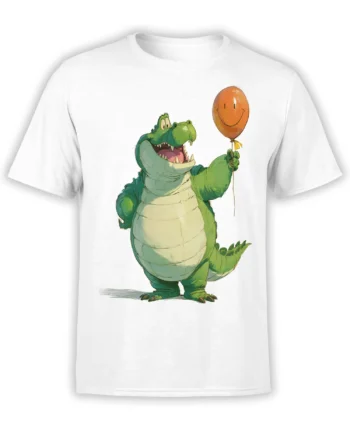 white unisex t-shirt with a cartoon green crocodile holding an orange smiley balloon printed on the front