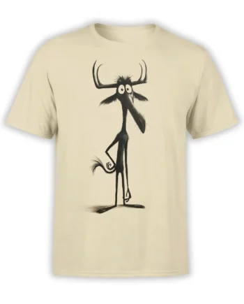 beige unisex t-shirt with tall horned cartoon creature in black sketch style and awkward stance