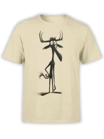 beige unisex t-shirt with tall horned cartoon creature in black sketch style and awkward stance