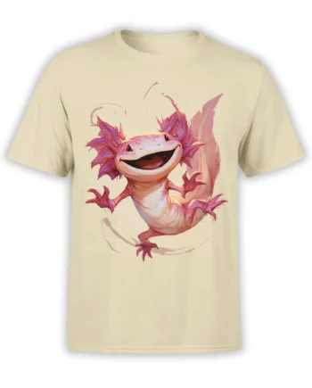 beige unisex t-shirt with a large pink axolotl artwork joyfully jumping in a dynamic pose on the front