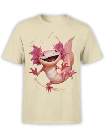 beige unisex t-shirt with a large pink axolotl artwork joyfully jumping in a dynamic pose on the front