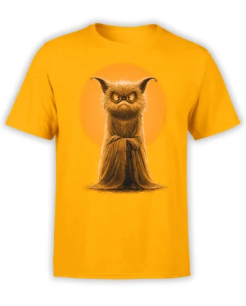 yellow unisex t-shirt with an angry fuzzy cat familiar, arms crossed and glowing eyes framed by a soft orange halo