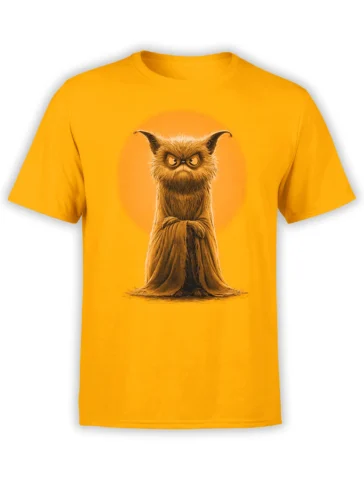 yellow unisex t-shirt with an angry fuzzy cat familiar, arms crossed and glowing eyes framed by a soft orange halo