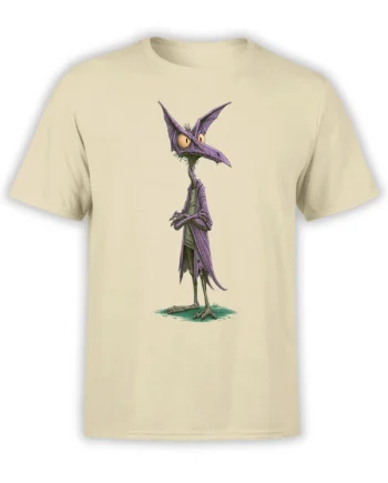 Beige unisex t-shirt with a cartoon purple pterodactyl-style dinosaur in a torn coat standing with a skeptical, spooky-cute expression