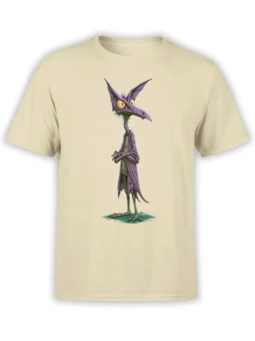Beige unisex t-shirt with a cartoon purple pterodactyl-style dinosaur in a torn coat standing with a skeptical, spooky-cute expression